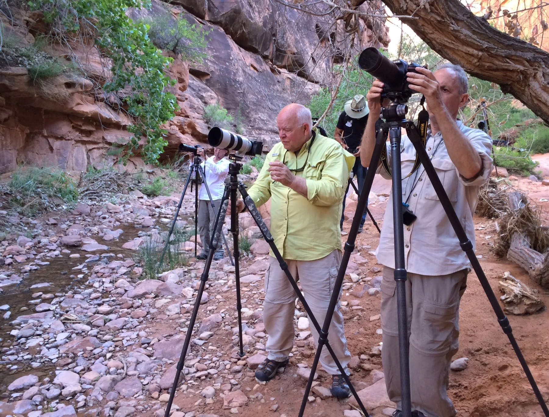 Three photographers working with tripods in a Moab canyon