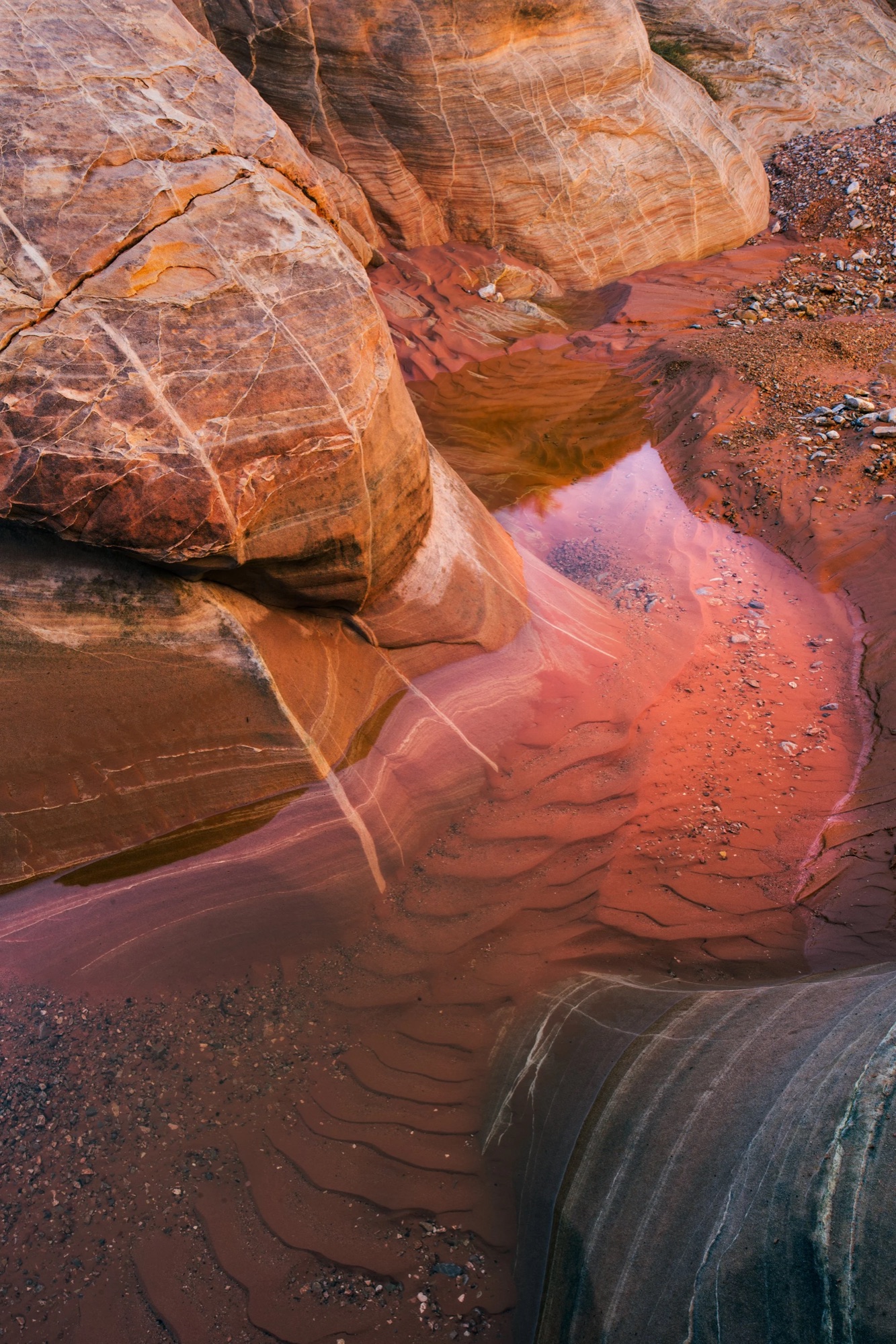 Soft pink reflections in a shallow desert pool cradled by curving sandstone walls near Moab