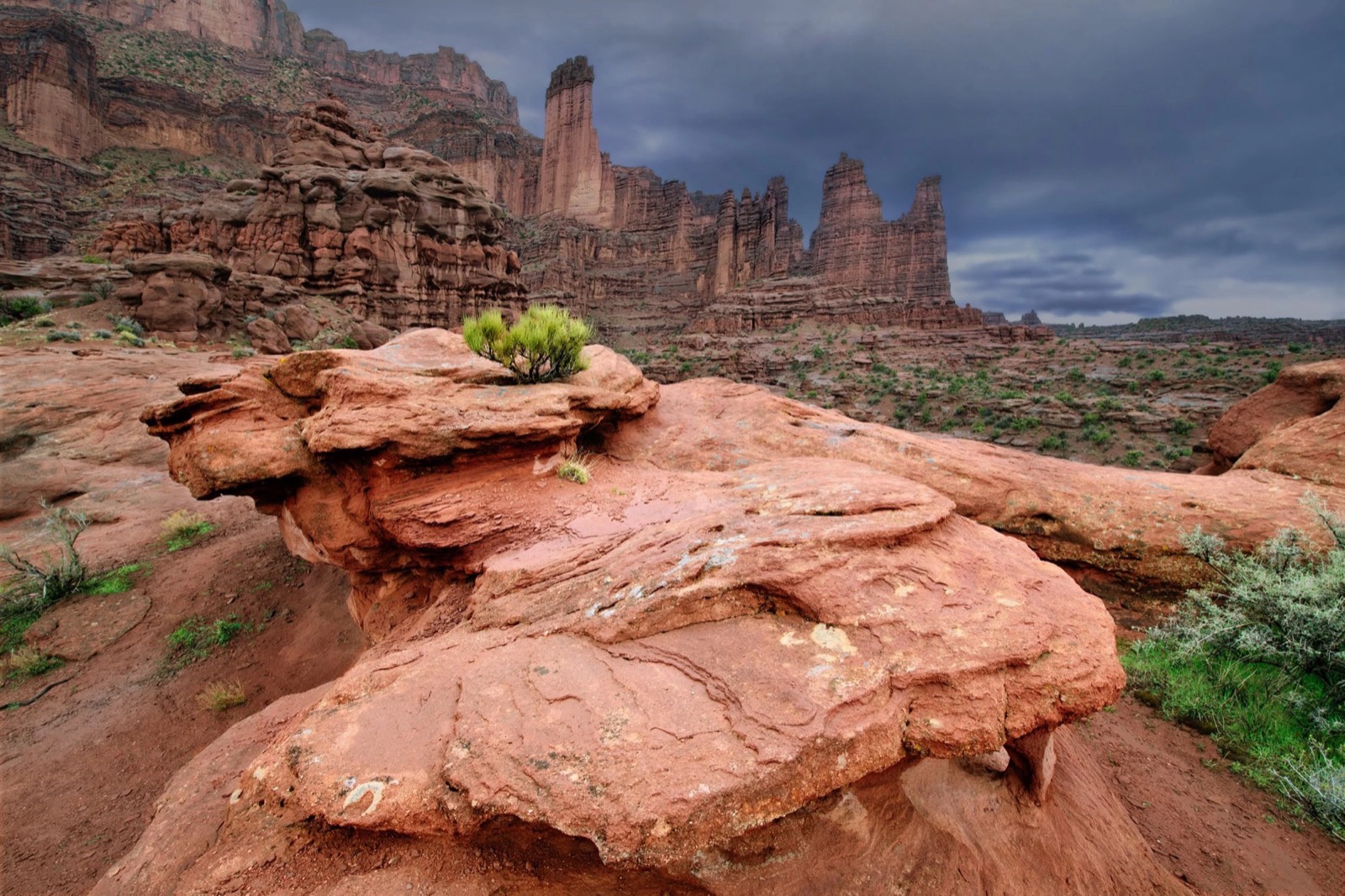 Fisher Towers under stormy spring light, near Moab