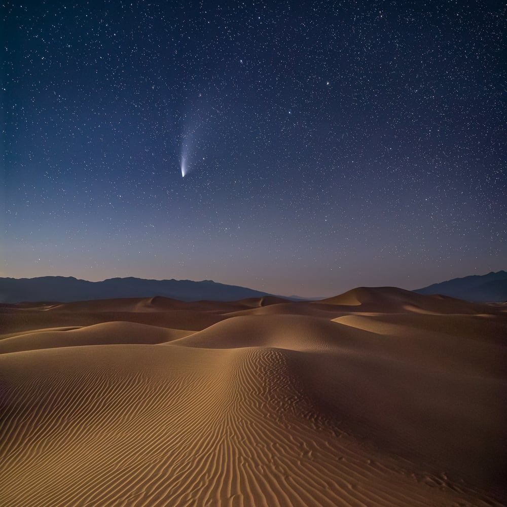 Comet NEOWISE over the rippled sand dunes of Death Valley beneath a star-filled night sky, by Michael Frye