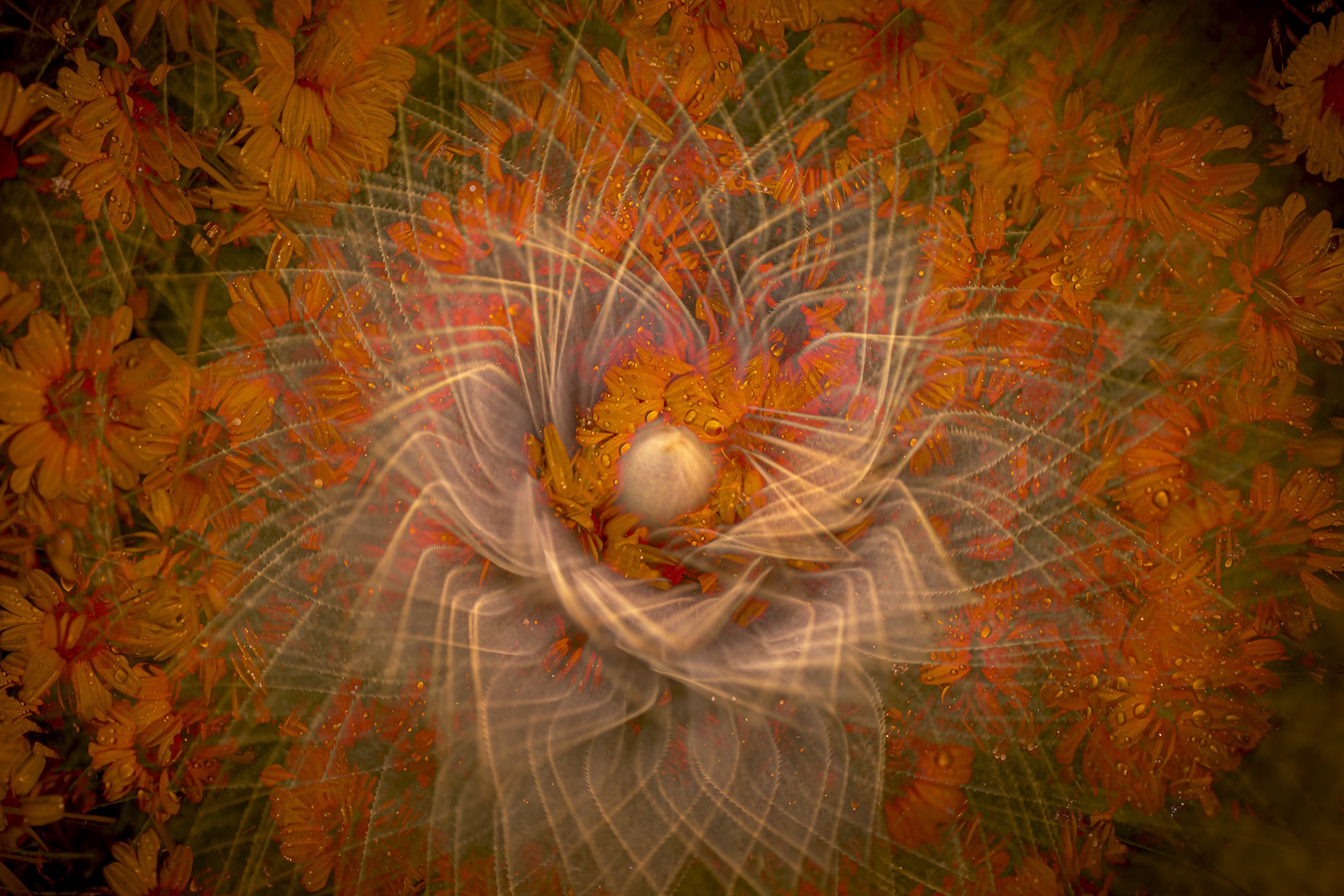 Multiple-exposure abstract of orange chrysanthemums radiating around a luminous center, by Stephanie Johnson