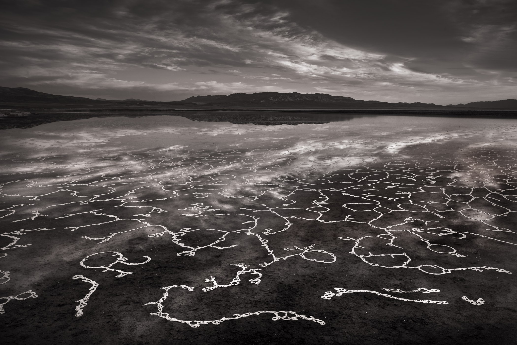 Stark salt-flat patterns reflecting cloud at Owens Lake, black and white, by Chuck Kimmerle